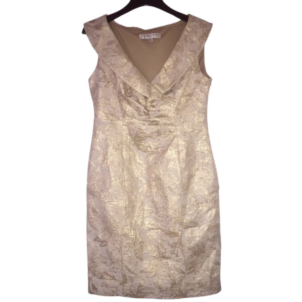 EVAN PICONE, GOLD AND BEIGE JACQUARD DRESS, SZ.10P